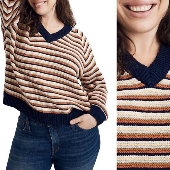 Madewell Arden Retro Striped V-Neck Cotton Cropped Pullover Casual Sweater S - Picture 1 of 9
